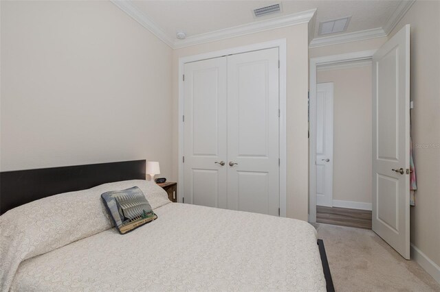 11611 Callisia Dr, Odessa, FL 33556 - bedroom with a closet, crown molding, baseboards, and light carpet