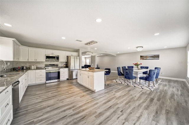 6222 Cherry Blossom Trl, Gibsonton, FL 33534 - kitchen featuring appliances with stainless steel finishes, a sink, baseboards, recessed lighting, and a kitchen island