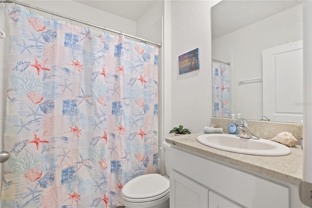 bathroom featuring toilet, vanity, and a shower with curtain