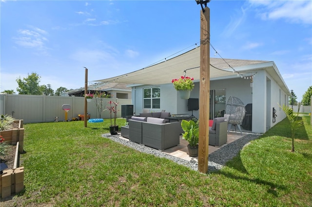rear view of property featuring an outdoor hangout area, central air condition unit, stucco siding, and a patio area