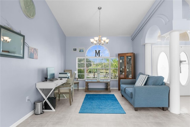 office area featuring a chandelier, light tile patterned floors, and baseboards