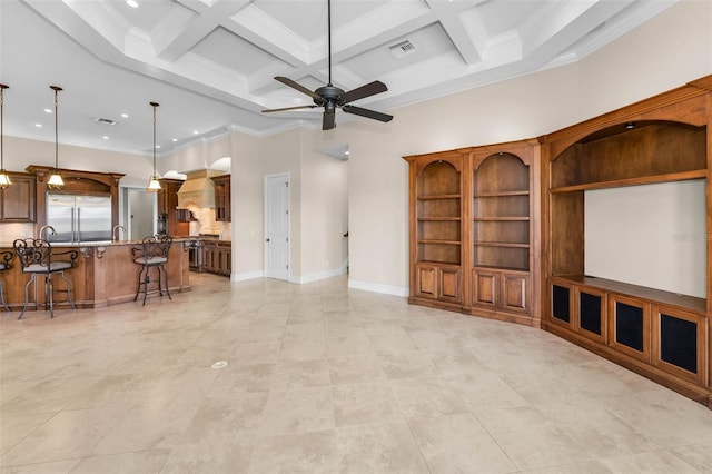 9933 Milano Dr, Trinity, FL 34655 - living room with a ceiling fan, recessed lighting, beam ceiling, light tile patterned floors, and coffered ceiling