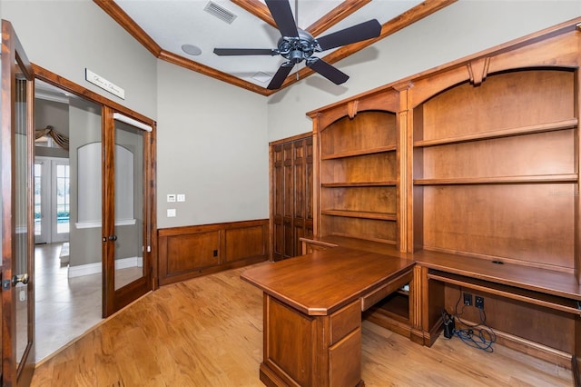 9933 Milano Dr, Trinity, FL 34655 - unfurnished office featuring french doors, a wainscoted wall, ornamental molding, a ceiling fan, and light wood finished floors
