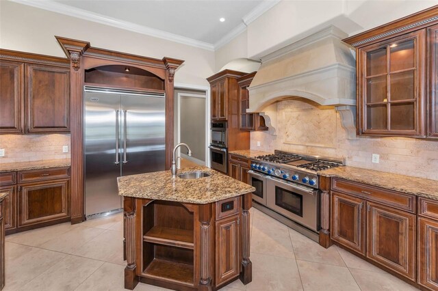 9933 Milano Dr, Trinity, FL 34655 - kitchen with a sink, high quality appliances, open shelves, light tile patterned flooring, and decorative backsplash