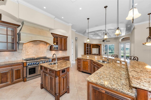 9933 Milano Dr, Trinity, FL 34655 - kitchen featuring double oven range, a spacious island, a sink, custom range hood, and coffered ceiling