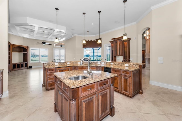9933 Milano Dr, Trinity, FL 34655 - kitchen featuring a sink, a kitchen island with sink, light tile patterned floors, ceiling fan, and coffered ceiling