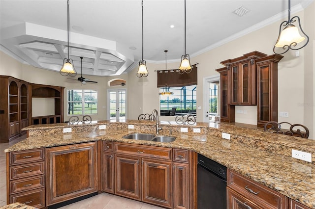 9933 Milano Dr, Trinity, FL 34655 - kitchen with a sink, black dishwasher, ceiling fan, coffered ceiling, and light stone counters