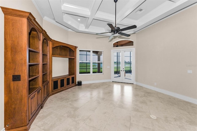 9933 Milano Dr, Trinity, FL 34655 - unfurnished living room featuring french doors, coffered ceiling, beamed ceiling, ceiling fan, and baseboards