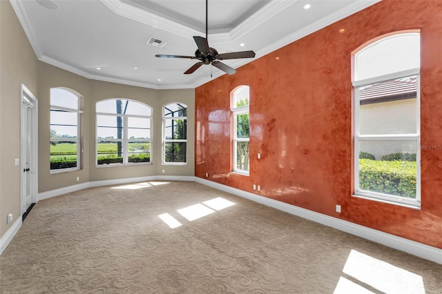 9933 Milano Dr, Trinity, FL 34655 - carpeted empty room with baseboards, ornamental molding, recessed lighting, and ceiling fan