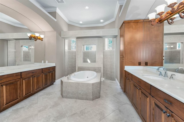 9933 Milano Dr, Trinity, FL 34655 - full bath with a chandelier, crown molding, two vanities, a bath, and tile patterned floors