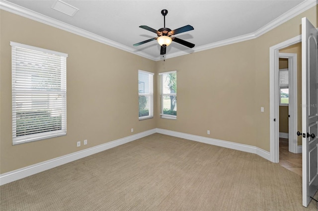 9933 Milano Dr, Trinity, FL 34655 - spare room with light colored carpet, ornamental molding, ceiling fan, and baseboards