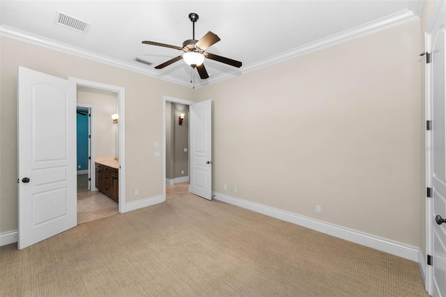 9933 Milano Dr, Trinity, FL 34655 - unfurnished bedroom featuring crown molding, light colored carpet, baseboards, connected bathroom, and a ceiling fan