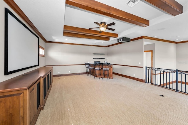 9933 Milano Dr, Trinity, FL 34655 - home theater room featuring light colored carpet, beam ceiling, baseboards, ceiling fan, and recessed lighting