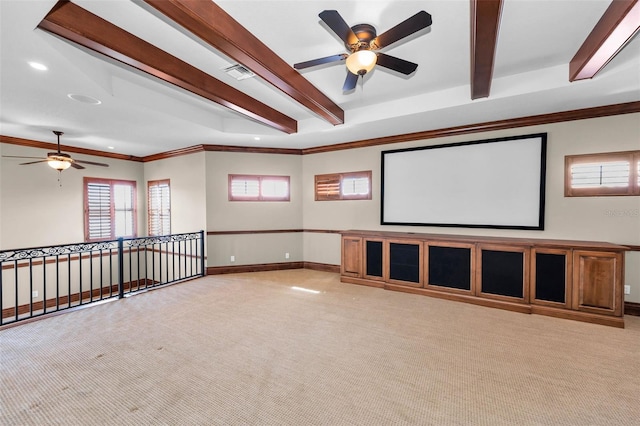 9933 Milano Dr, Trinity, FL 34655 - home theater room featuring a ceiling fan, beamed ceiling, light carpet, ornamental molding, and recessed lighting