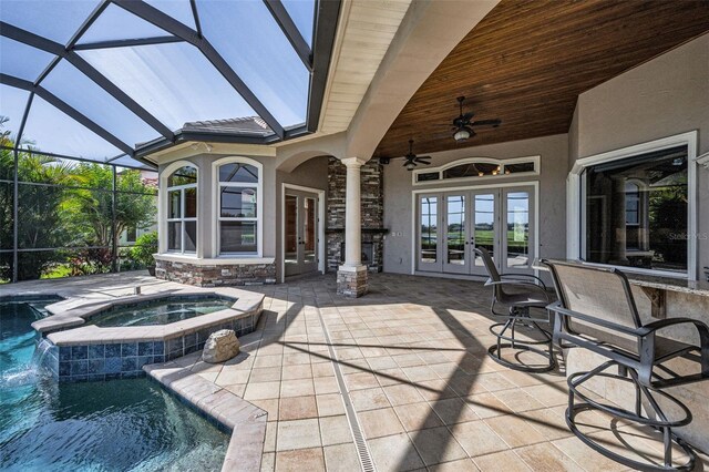 9933 Milano Dr, Trinity, FL 34655 - view of patio / terrace with french doors, a pool with connected hot tub, a lanai, and ceiling fan