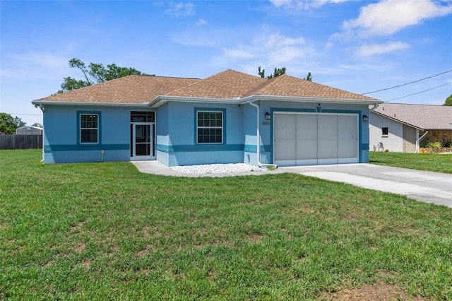 ranch-style home with stucco siding, an attached garage, driveway, and roof with shingles