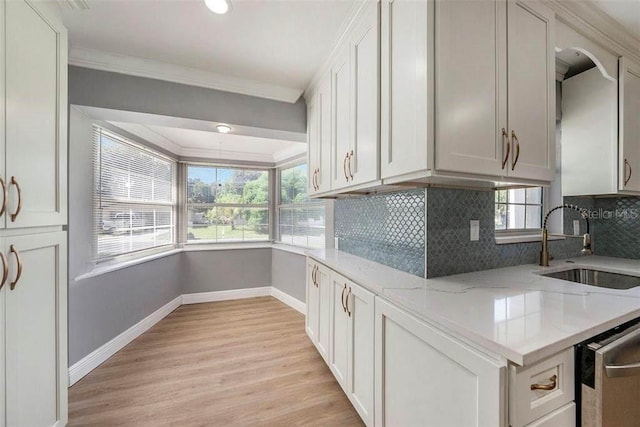 6989 300 Th Ave N, Clearwater, FL 33761 - kitchen featuring a sink, ornamental molding, baseboards, light wood-style floors, and decorative backsplash
