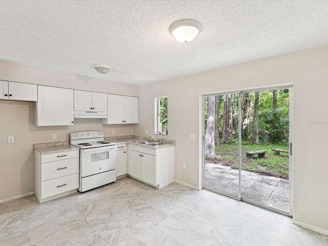 kitchen featuring electric stove, under cabinet range hood, a sink, light countertops, and white cabinetry