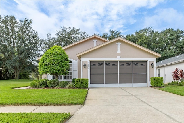 11158 Heathrow Ave, Spring Hill, FL 34609 - view of front of property with stucco siding, driveway, a front lawn, and a garage