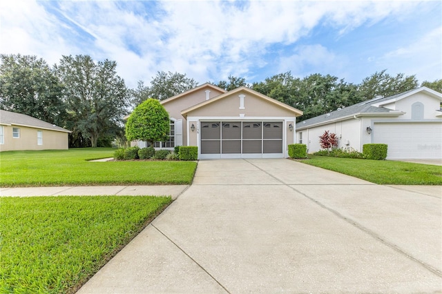 11158 Heathrow Ave, Spring Hill, FL 34609 - view of front of home featuring stucco siding, a front lawn, concrete driveway, and a garage