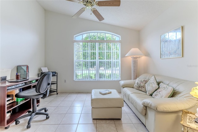 11158 Heathrow Ave, Spring Hill, FL 34609 - office space featuring plenty of natural light, a ceiling fan, lofted ceiling, tile patterned flooring, and a textured ceiling