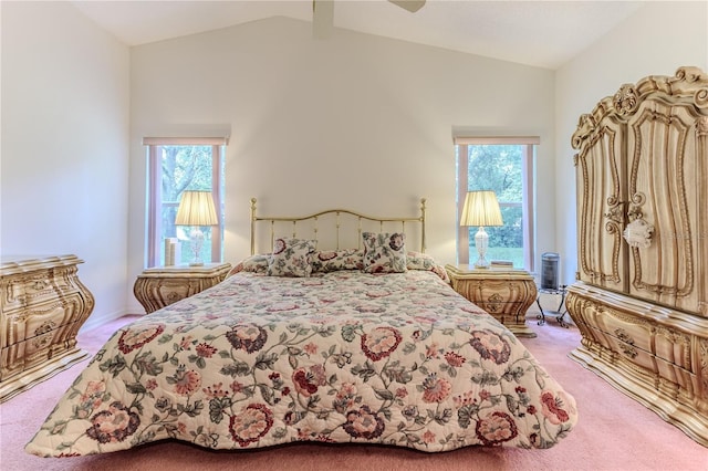 11158 Heathrow Ave, Spring Hill, FL 34609 - bedroom featuring light carpet, lofted ceiling, and ceiling fan