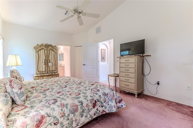 11158 Heathrow Ave, Spring Hill, FL 34609 - bedroom featuring carpet, high vaulted ceiling, ceiling fan, and ensuite bath