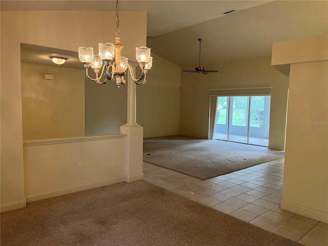 10054 Hernando Ridge Rd, Weeki Wachee, FL 34613 - unfurnished room with light carpet, light tile patterned floors, ceiling fan, lofted ceiling, and a chandelier