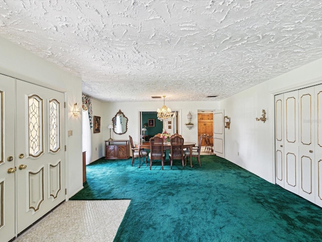 6823 Oak Hill Dr, New Port Richey, FL 34653 - carpeted dining space with a chandelier and a textured ceiling