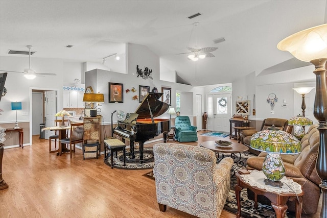 8596 SW 108th Place Rd, Ocala, FL 34481 - living room with ceiling fan, light wood-style flooring, and high vaulted ceiling