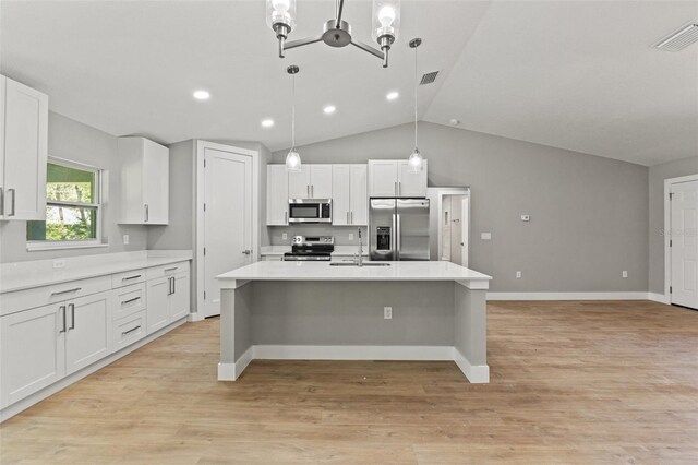 8792 N Sandree Dr, Dunnellon, FL 34434 - kitchen featuring stainless steel appliances, a sink, white cabinets, a center island with sink, and light countertops
