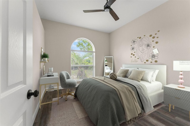 bedroom featuring wood finished floors, ceiling fan, and baseboards