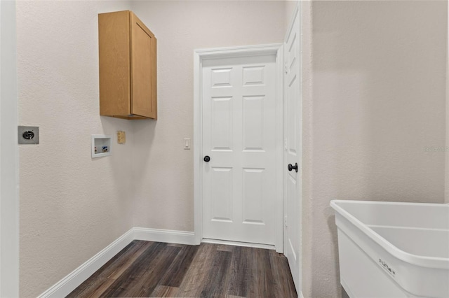 clothes washing area with cabinet space, electric dryer hookup, baseboards, dark wood-type flooring, and washer hookup