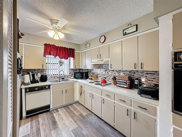 6213 Emerson Dr, New Port Richey, FL 34653 - kitchen with a sink, white appliances, ceiling fan, light countertops, and light wood-style flooring