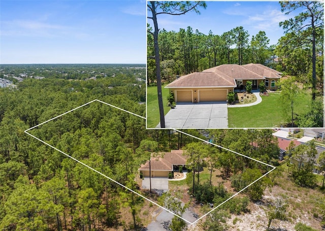 view of subject property with a heavily wooded area and property boundaries highlighted