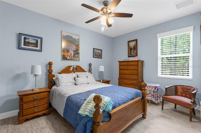 bedroom featuring light wood-type flooring, baseboards, and ceiling fan