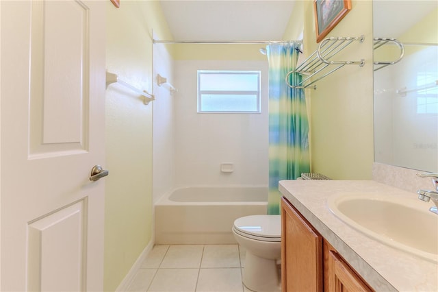 full bathroom featuring toilet, tile patterned floors, vanity, shower / tub combo, and baseboards