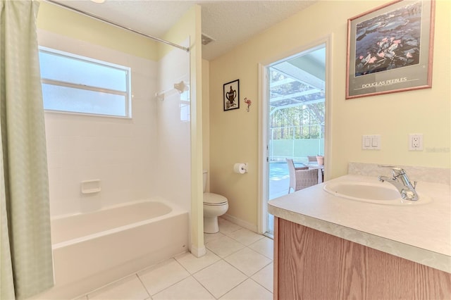 full bathroom featuring toilet, tile patterned flooring, shower / bathtub combination with curtain, and vanity