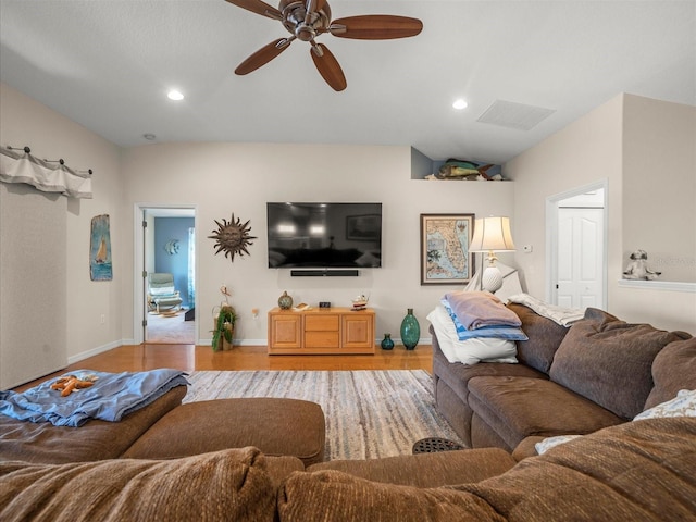 4292 Tahiti Dr, Hernando Beach, FL 34607 - living room featuring wood finished floors, ceiling fan, baseboards, and recessed lighting