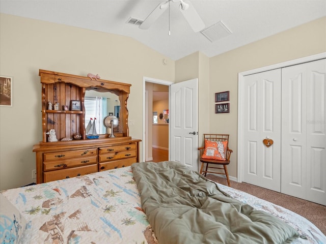 4292 Tahiti Dr, Hernando Beach, FL 34607 - bedroom with lofted ceiling, carpet floors, a closet, and ceiling fan