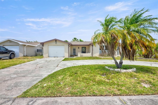 6231 Westport Dr, Port Richey, FL 34668 - ranch-style house with curved driveway, stucco siding, an attached garage, and a front yard