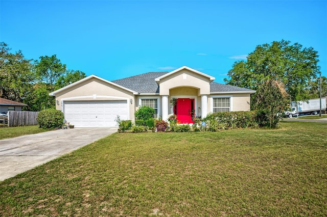 ranch-style house with an attached garage, concrete driveway, stucco siding, and roof with shingles