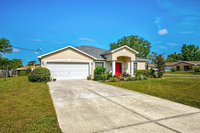ranch-style house with a garage, driveway, stucco siding, and a front yard