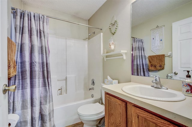 full bath with a textured ceiling, toilet, vanity, and shower / bath combination with curtain