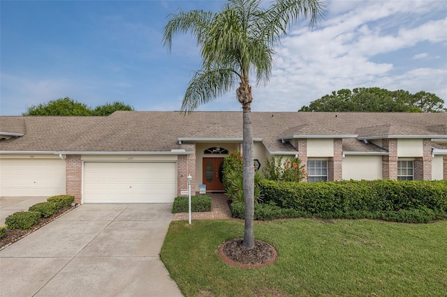 1105 Flora Vista St, New Port Richey, FL 34655 - view of front of house featuring brick siding, roof with shingles, concrete driveway, an attached garage, and a front lawn
