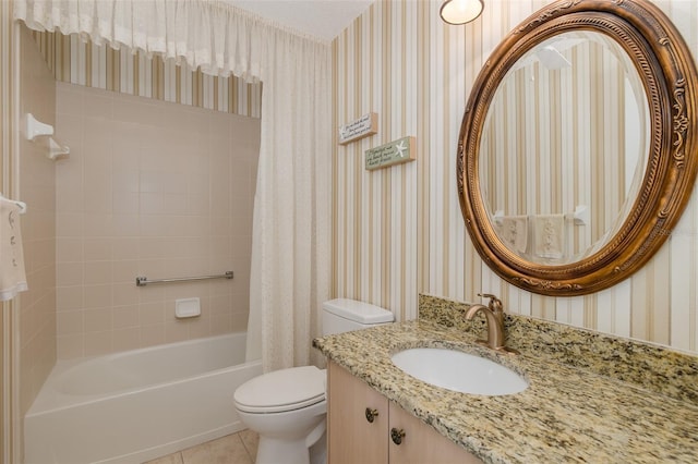 1105 Flora Vista St, New Port Richey, FL 34655 - bathroom featuring wallpapered walls, toilet, vanity, shower / bath combo, and tile patterned floors