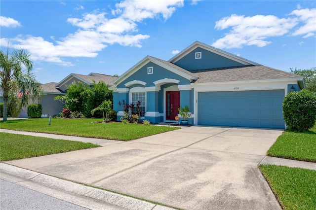 1009 Summer Breeze Dr, Brandon, FL 33511 - single story home with stucco siding, an attached garage, a front lawn, concrete driveway, and a shingled roof