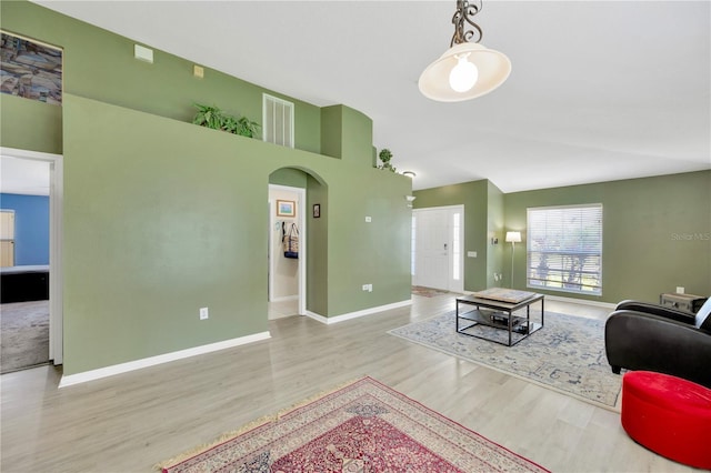 1009 Summer Breeze Dr, Brandon, FL 33511 - living area featuring arched walkways, wood finished floors, baseboards, and high vaulted ceiling