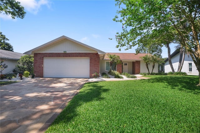 2866 Thistle Ct N, Palm Harbor, FL 34684 - ranch-style house featuring brick siding, concrete driveway, an attached garage, and a front yard