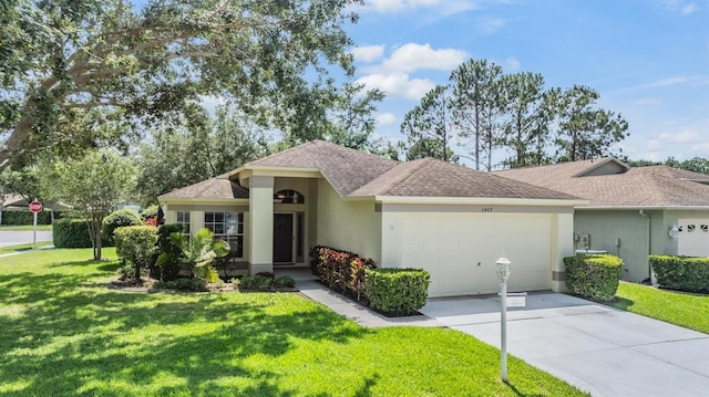 1407 Hickory Moss Pl, Trinity, FL 34655 - single story home featuring a garage, roof with shingles, stucco siding, concrete driveway, and a front lawn